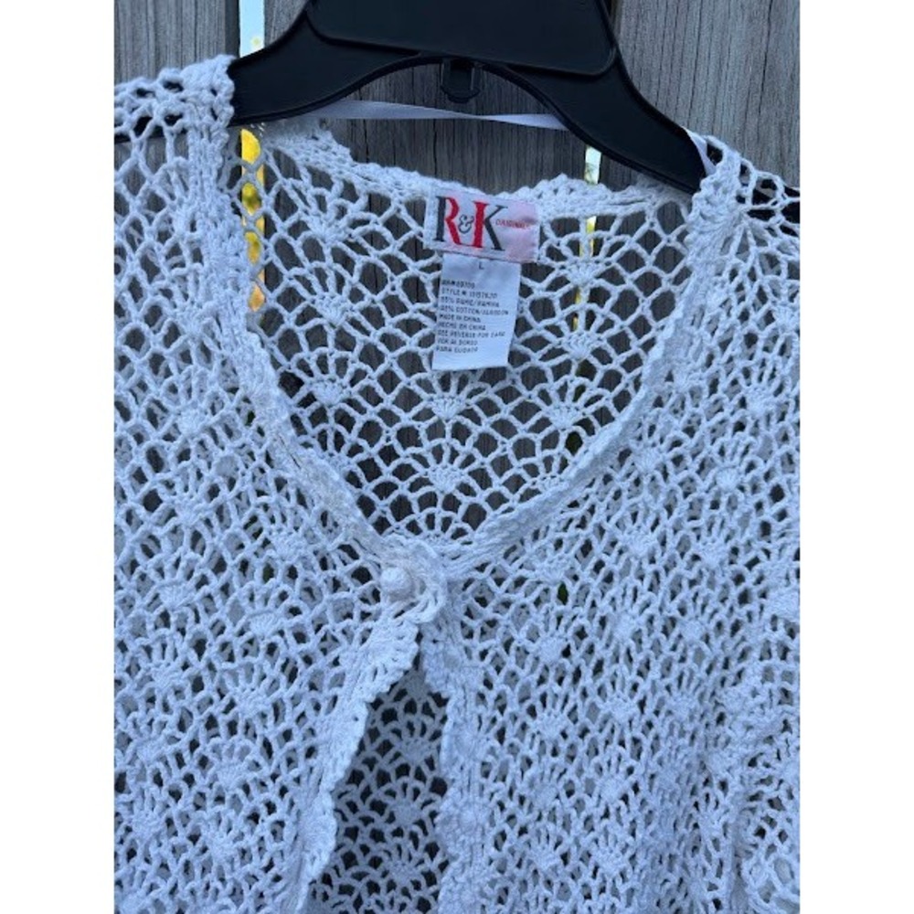 Coastal Grandmother R&K Originals White Crochet Knit Cardigan Large GUC - Picture 3 of 5